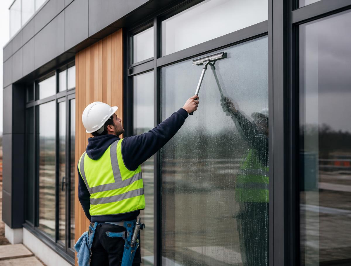 Lavage de vitres après travaux sur un bâtiment commercial neuf